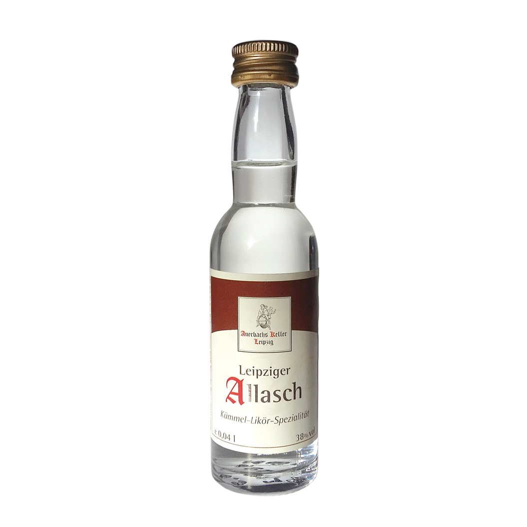Leipziger Allasch in der Glasflasche mit Drehverschluss in Miniaturgröße und exklusivem Auerbachs Keller Etikett.